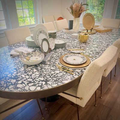 Sale Photo Thumbnail #5: Ten Studio Van Den Akker dining chairs - off-white boucle with brushed bronze and brass legs - two captain's chairs and eight side chairs