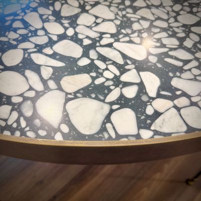 Sale Photo Thumbnail #7: Custom-made dining table by LA artist Cooper Reynolds Gross - brushed brass frame with four removable terrazzo panels, and drum legs - all can be take apart for transport