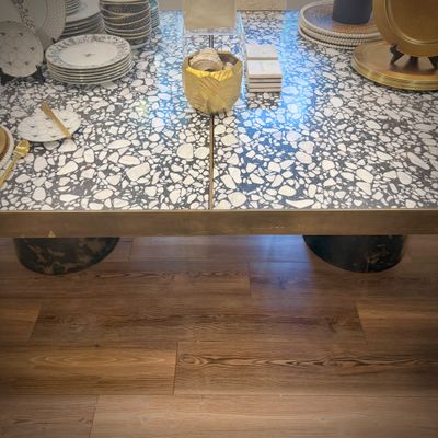 Sale Photo Thumbnail #6: Custom-made dining table by LA artist Cooper Reynolds Gross - brushed brass frame with four removable terrazzo panels, and drum legs - all can be take apart for transport
