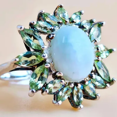 Jade Cabochon & Peridot Sterling Silver Cluster Ring 