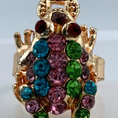 Rhinestone Gold Toned Frog Ring 