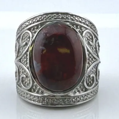 Bloodstone Cabochon Sterling Silver Ornate Ring 