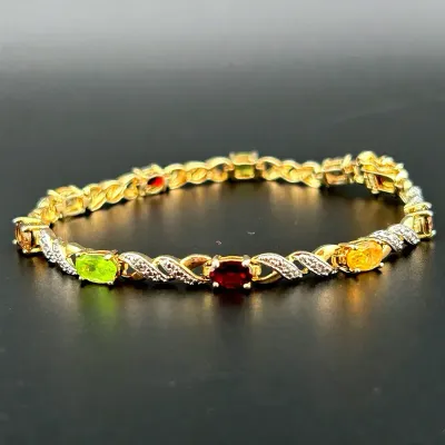 Peridot Citrine Garnet Smoky Quartz & Diamond Accent Gold Vermeil Sterling Silver Bracelet 