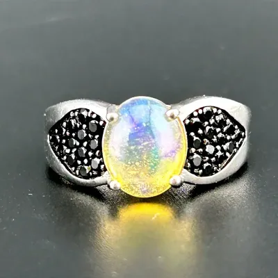 Ethiopian Opal & Black Spinel Sterling Silver Ring 