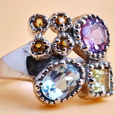 Blue Topaz, Amethyst, Peridot & Citrine Sterling Silver Mosaic Ring