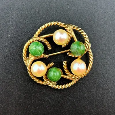 Gold Filled Pearl & Jade Brooch