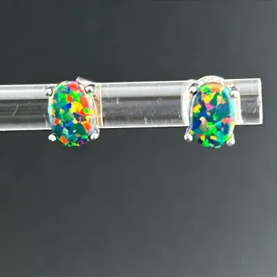 Black Opal Cabochon Sterling Silver Earrings 