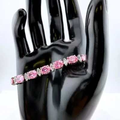 Pink & Clear Stone Sterling Silver Tennis Bracelet 