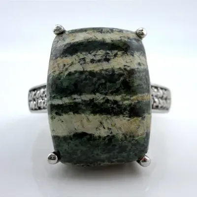 Green Swiss Opal Cabochon-Cut Banded Sterling Silver Rin