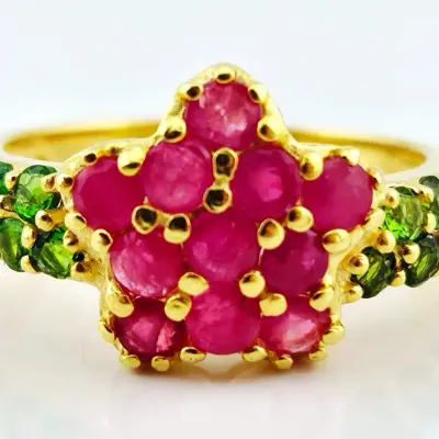 Ruby & Chrome Diopside Gold Vermeil Sterling Silver Ring 
