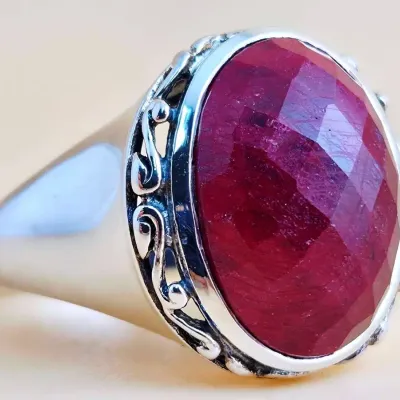 Natural Ruby Faceted Cabochon Sterling Silver Ring