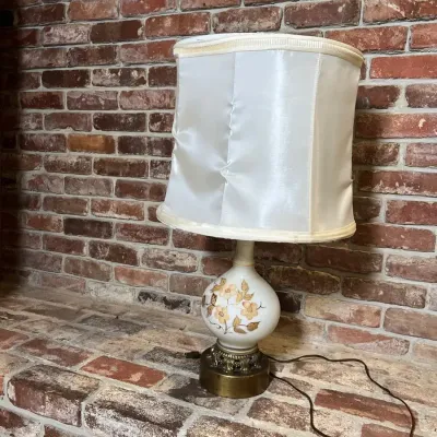 Vintage Milk Glass Table Lamp with Hand-Painted Gold Floral Motif