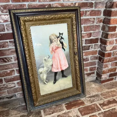 Set Of 2: Antique Victorian Ornate Gesso Framed Print Girl with Dog and Cat And Ornate framed Mirror