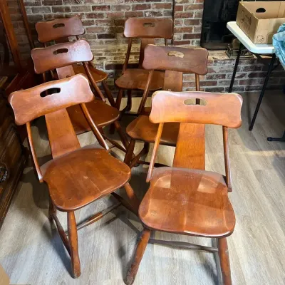 Vintage Solid Wood T-Back Dining Chairs with Handle Cutouts - Set of 6