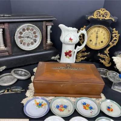 Antique Mantel Clocks, Vintage Wooden Jewelry Box, Silver Plate & Decor Lot