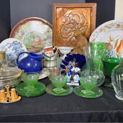 Green Depression Glass, Hand-Hammered Copper Art And More 