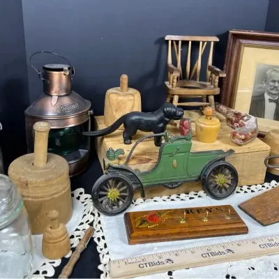 Vintage Primitives & Americana Lot: Hubley Style Car, Ship Lantern, & Butter Molds