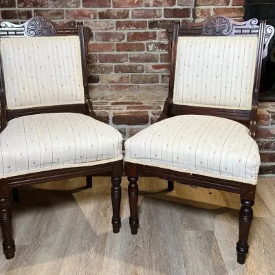 Antique Victorian Carved Wood Parlor Chairs with Cream Upholstery - Pair