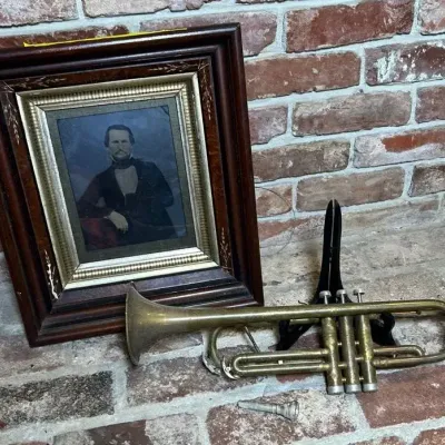 Vintage 1955 C.G. Conn Brass Trumpet & Antique Framed Gentleman Portrait