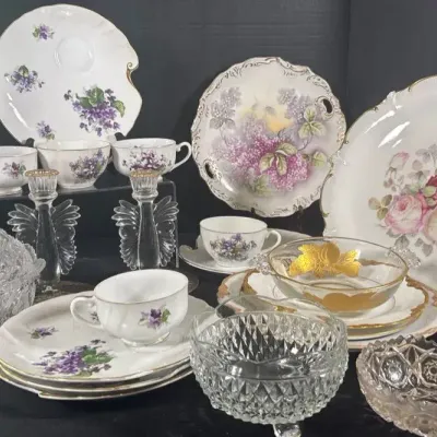 Vintage Violet & Rose Tea Set Collection With Brilliant Cut Crystal 