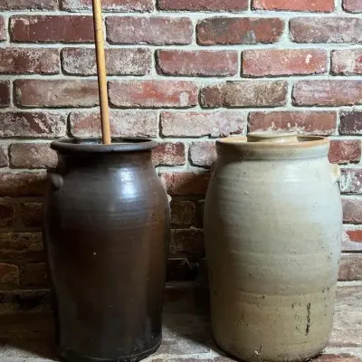 Vintage Primitive Stoneware Butter Churn and Covered Lidded Storage Crock - Pair