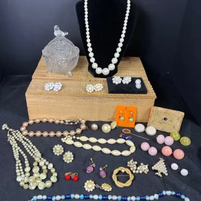 Vintage Faux Pearl & Pastel Costume Jewelry Lot with Glass Trinket Dish