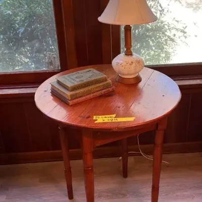 Vintage Wooden Accent Table with Bamboo-Style Turned Legs, Milk glass Lamp, Antique Books