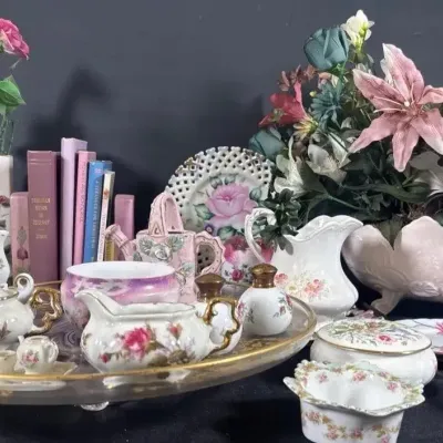 Vintage Floral  Mini Porcelain Tea Set, Lattice Plate, Pink Milk Glass ook Ends 