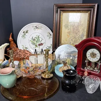 Westminster Chime Mantel Clock, Williams Sonoma Serving Bowl, Murano Glass And Amber Glass Platter