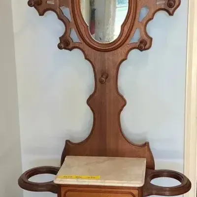 Antique Victorian Carved Walnut Hall Tree with Mirror & Marble Top