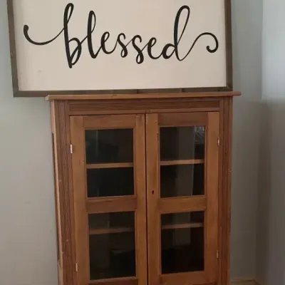 Antique Early 20th Century Wood Cabinet with Glass Double Doors & Fluted Trim