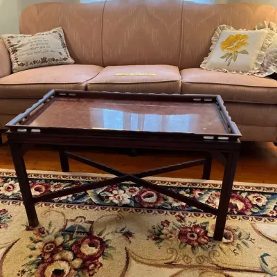 Vintage 4-Piece Living Room Set: Camelback Sofa, Matching Armchair, Glass Coffee Table & Floor Lamp