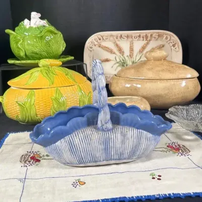 Majolica StyleCabbage & Corn Tureens, Wheat Platter, Blue 