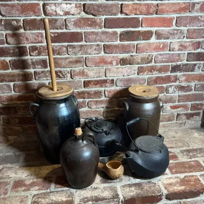 Vintage Primitive Stoneware Crocks, Churn, Cast Iron Kettles & Jug Hearth Lot