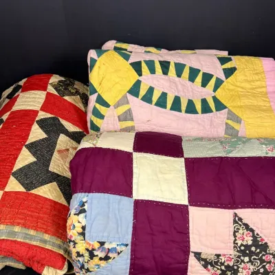 Trio of Antique Hand-Stitched Quilts: Wedding Ring, Patchwork, & Sawtooth