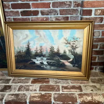 Vintage Framed Landscape Art Lot - Stream & Cascading Waterfall - Set of 2