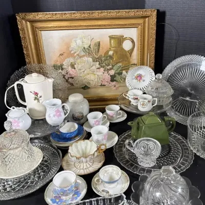 Vintage Cut Glass Platters, Floral Porcelain Tea Set Pieces & Framed Floral Still Life Art Lot