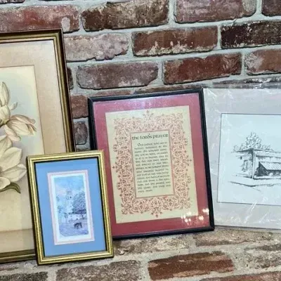 Vintage Framed Art Lot - Magnolia Print, Sketches & Framed Text - 4 Pieces