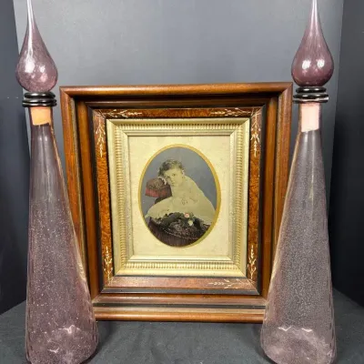 Pair of Vintage Amethyst Empoli Glass Genie Bottles & Antique Portrait "Camille" c. 1905