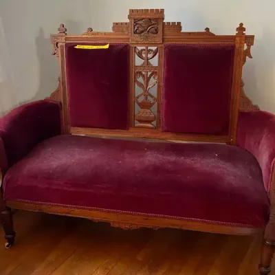 Antique Victorian Eastlake Carved Walnut Settee with Burgundy Velvet Upholstery