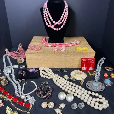 Vintage Pink Faux Pearl & Statement Costume Jewelry Collection with Carded Holiday Earrings