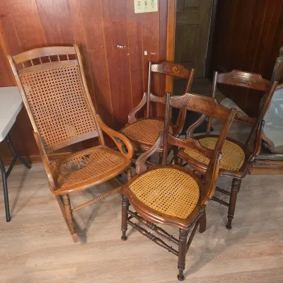 Vintage Wood & Cane Chairs with Cane Rocking Chair, Lot of 4