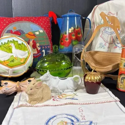 Vintage Country Kitchen & Decor Lot - Gailstyn-Sutton Goose Mold, Enamelware, Fisher-Price
