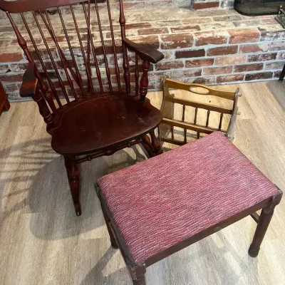 Vintage Windsor Comb-Back Rocking Chair, Upholstered Ottoman & Magazine Caddy