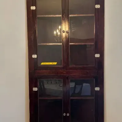 Stained wood corner hutch display cabinet