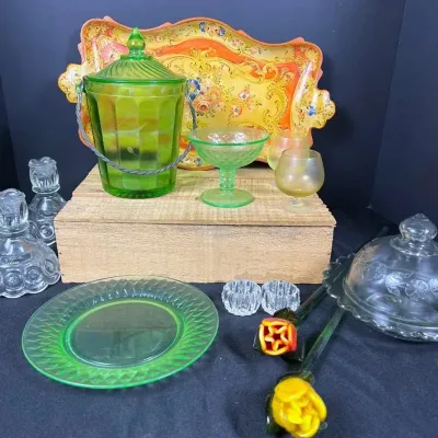 Vintage Uranium Glass & Decor Lot: Covered Ice Bucket, Plate, & Florentine Tray