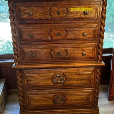 Vintage Spanish Revival Oak Chest of Drawers with Barley Twist Trim