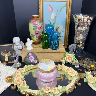 Vintage Vanity Decor, Glassware, Craft Buttons & Angel Figurine Collection