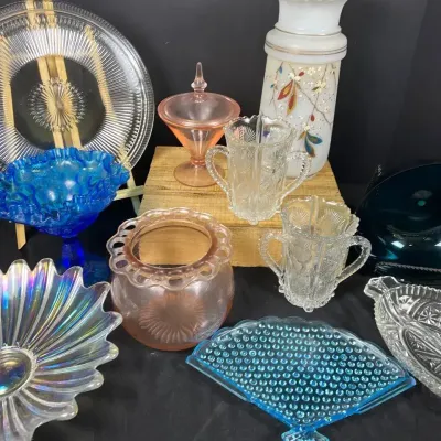 Vintage Glassware Lot: Bristol Glass, Cobalt Fenton, Pink Elegant, & Iridescent Art Glass