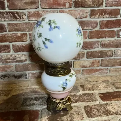 Vintage Gone With The Wind Parlor Lamp Floral Milk Glass Hurricane Light